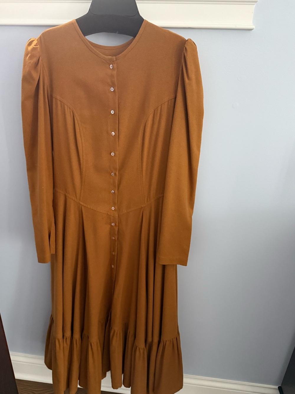 Rust-Tone Long Sleeve Button-Front Midi Dress